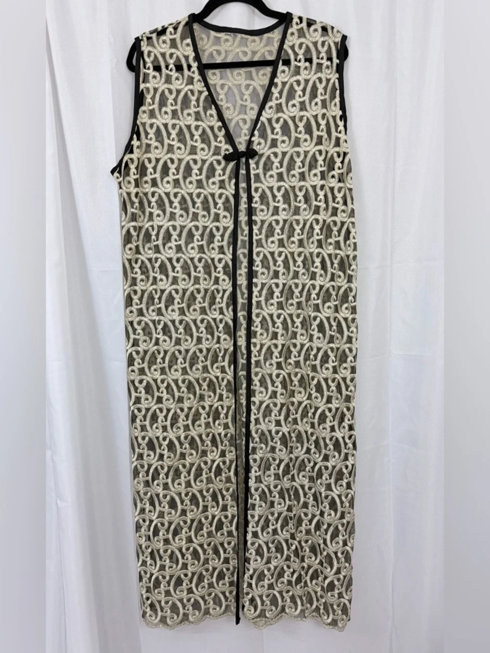 Vintage Black Sheer Maxi Vest/Duster w/ Cream Embroidered Swirl Lace Overlay XL - Picture 1 of 7